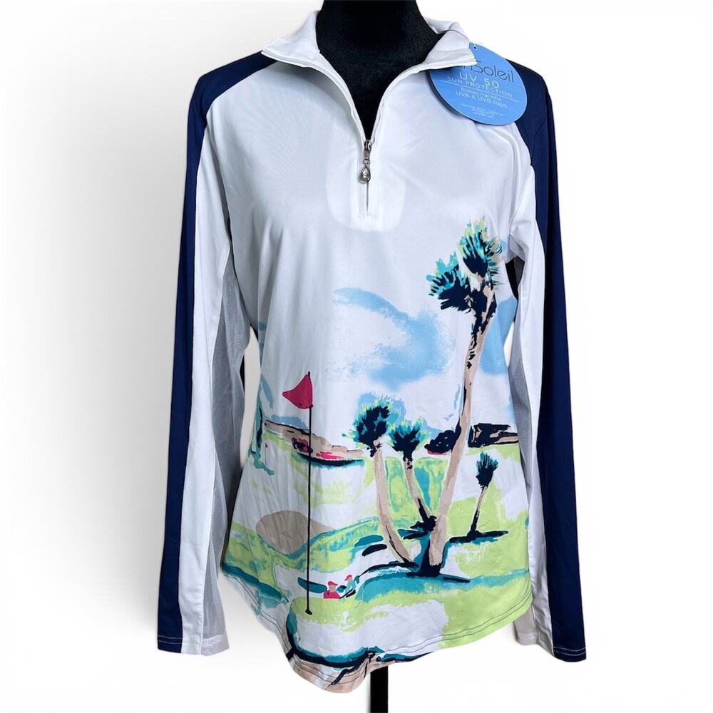 NWT SanSoleil UV 50 UPF Golf Graphic Long Sleeve Quarter Zip Shirt Size Medium